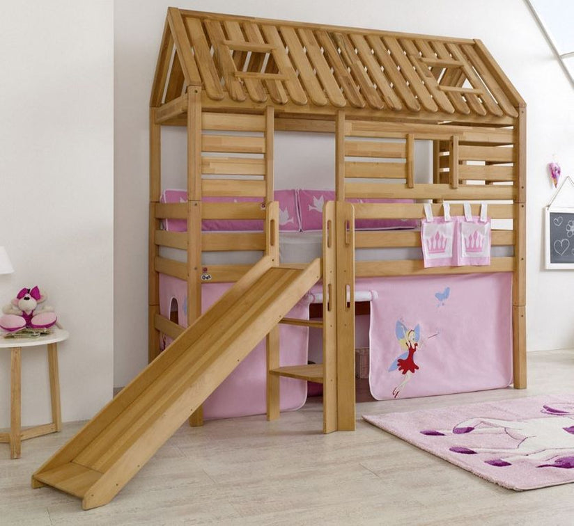 Hochbett Tom´s Hütte 1 Kinderbett Rutsche Spielbett Bett Natur Stoff Prinzessin - Froschkönig24