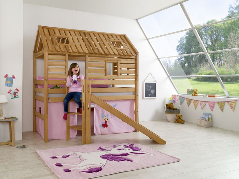 Hochbett Tom´s Hütte 1 Kinderbett Rutsche Spielbett Bett Natur Stoff Prinzessin - Froschkönig24