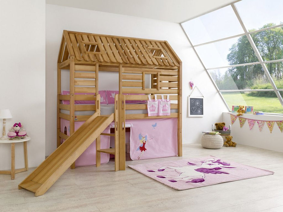 Hochbett Tom´s Hütte 1 Kinderbett Rutsche Spielbett Bett Natur Stoff Prinzessin - Froschkönig24