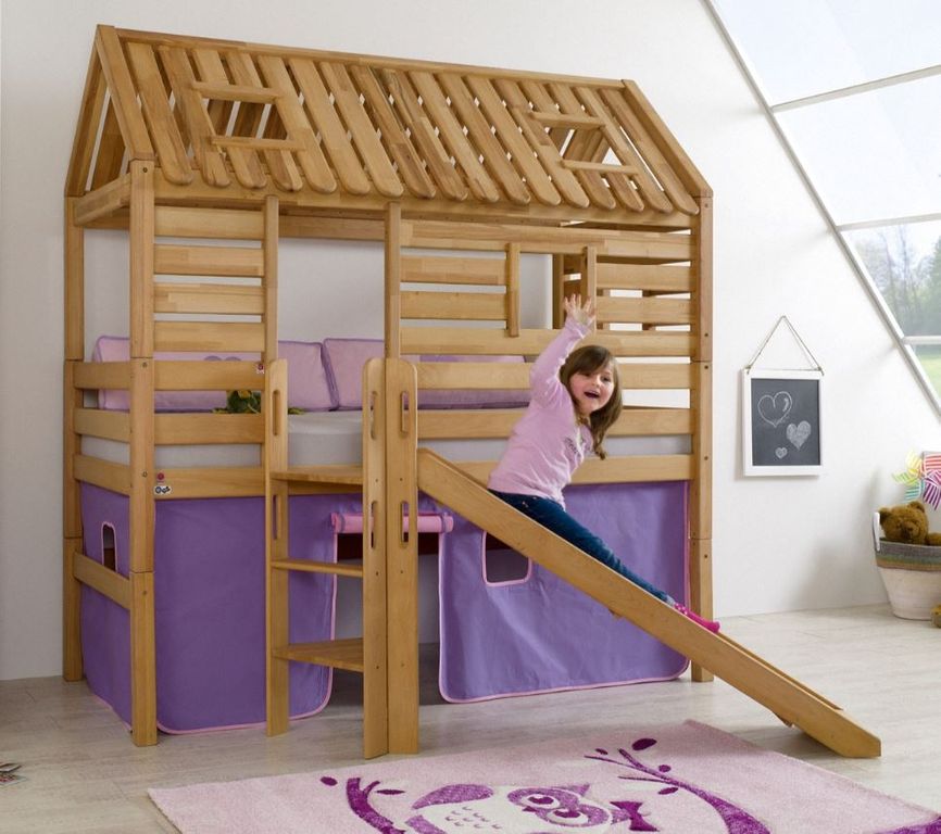 Hochbett Tom´s Hütte 1 Kinderbett m Rutsche Spielbett Bett Natur Stoff Lila/Rosa - Froschkönig24