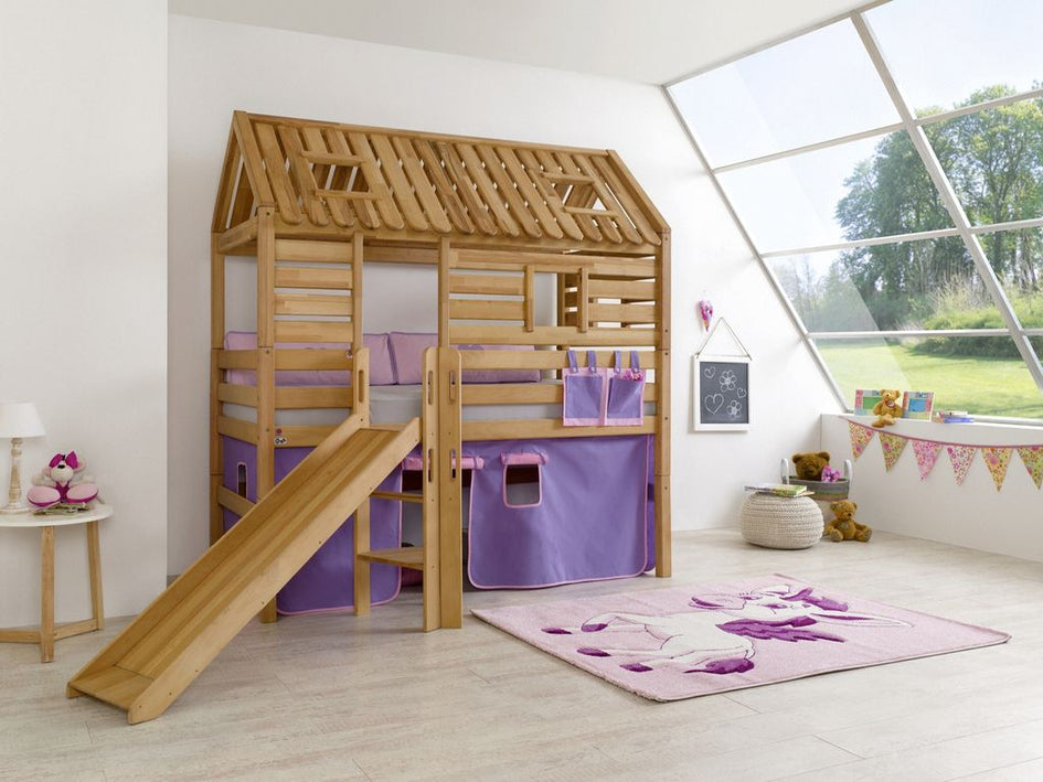 Hochbett Tom´s Hütte 1 Kinderbett m Rutsche Spielbett Bett Natur Stoff Lila/Rosa - Froschkönig24