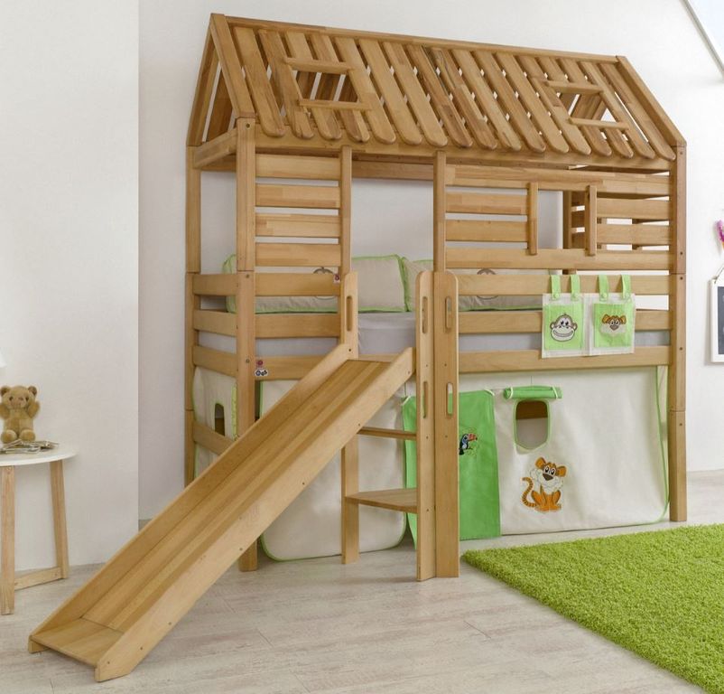 Hochbett Tom´s Hütte 1 Kinderbett Rutsche Spielbett Bett Natur Stoff Dschungel - Froschkönig24