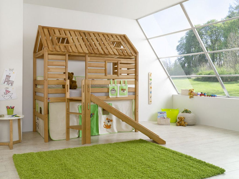 Hochbett Tom´s Hütte 1 Kinderbett Rutsche Spielbett Bett Natur Stoff Dschungel - Froschkönig24