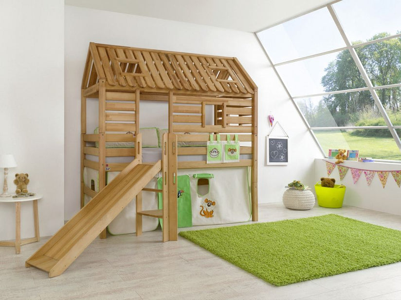 Hochbett Tom´s Hütte 1 Kinderbett Rutsche Spielbett Bett Natur Stoff Dschungel - Froschkönig24