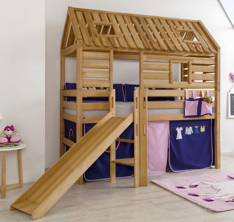 Hochbett Tom´s Hütte 1 Kinderbett Rutsche Spielbett Bett Natur Stoff Rosa/Violett - Froschkönig24