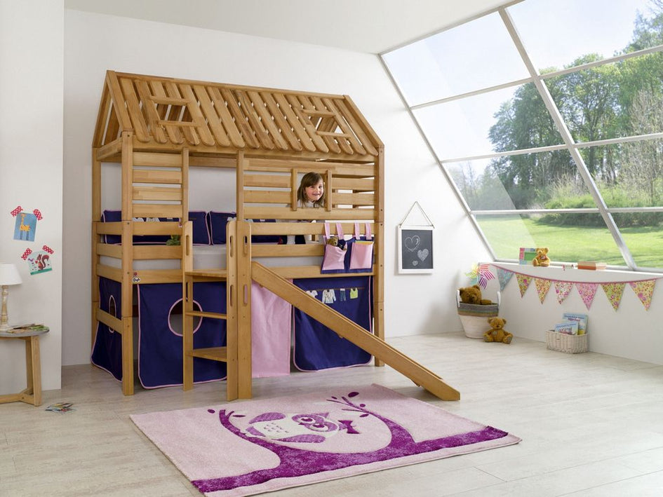 Hochbett Tom´s Hütte 1 Kinderbett Rutsche Spielbett Bett Natur Stoff Rosa/Violett - Froschkönig24