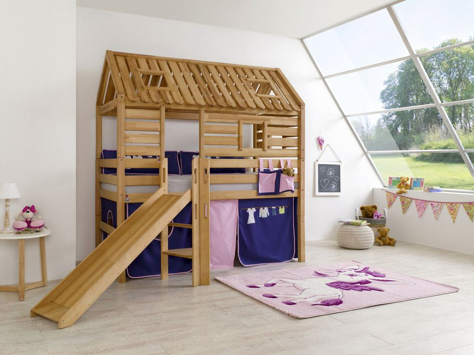 Hochbett Tom´s Hütte 1 Kinderbett Rutsche Spielbett Bett Natur Stoff Rosa/Violett - Froschkönig24