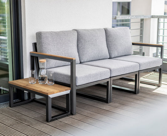 Kettler Gartenlounge Ocean Skid City-Line 3-Sitzer Balkonlounge mit Beistelltisch Teakholz Anthrazit / Grau Meliert