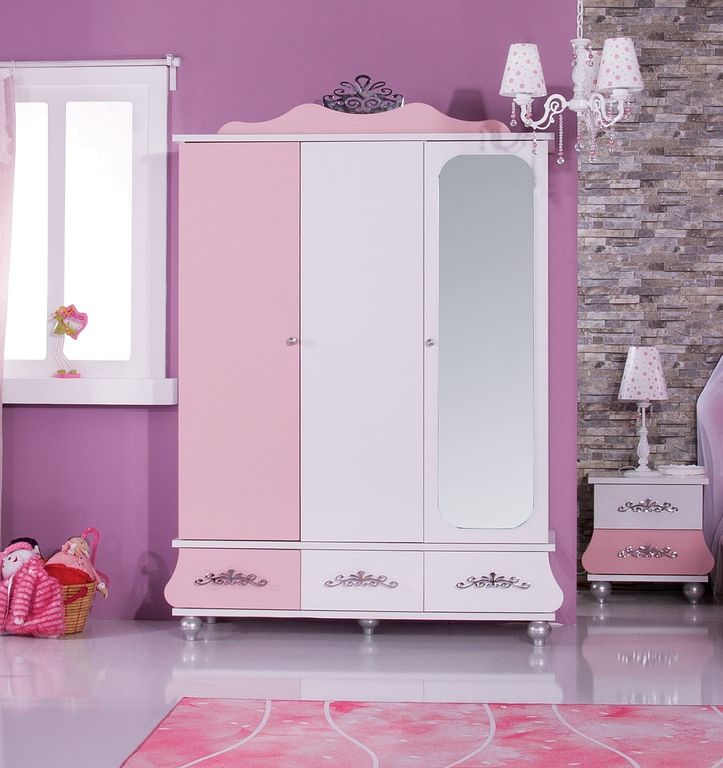 ANASTASIA PINK Kleiderschrank 3 trg. Mit Spiegel Pink / Weiß