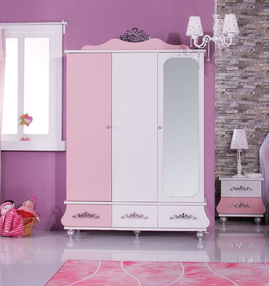 ANASTASIA PINK Kleiderschrank 3 trg. Mit Spiegel Pink / Weiß