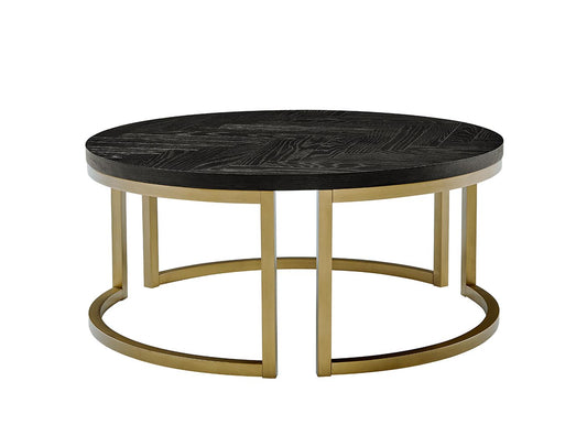 Seville Massivholz Couchtisch Ø 90 cm Fischgräten-Design Schwarz / Gold