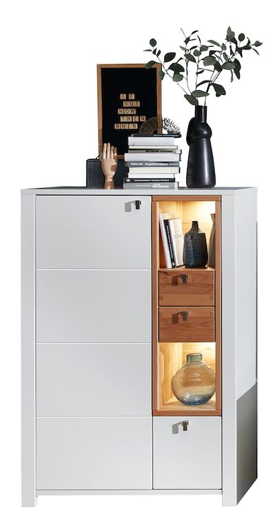 Serpio Highboard inkl. Beleuchtung Weiß / Wildbuche massiv