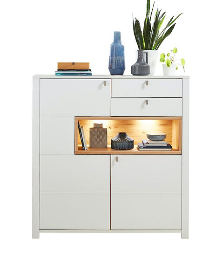 Serpio Highboard inkl. Beleuchtung Weiß / Wildbuche massiv