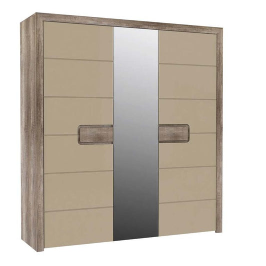 SINOP Drehtürenschrank mit Spiegel Eiche Antik / Beige Hochglanz