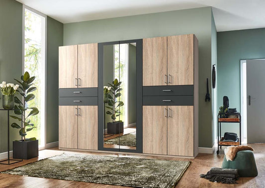 Taiga 10-türiger Kleiderschrank mit 2 Spiegeln Eiche sägerau / Graphit