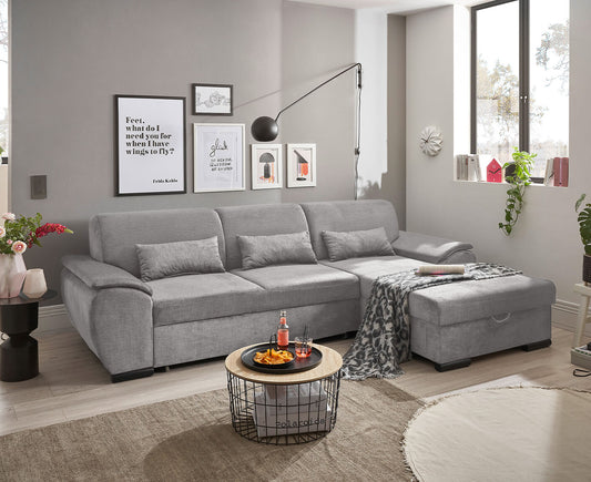 Tampa Ecksofa 280 x 175 cm, mit Schlaffunktion und Bettkasten Silber