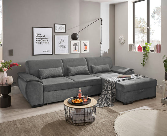 Tampa Ecksofa 280 x 175 cm, mit Schlaffunktion und Bettkasten Grau