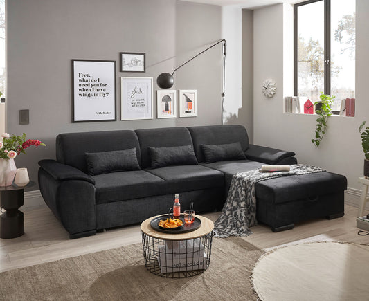 Tampa Ecksofa 280 x 175 cm, mit Schlaffunktion und Bettkasten Schwarz