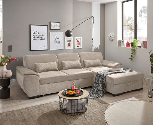 Tampa Ecksofa 280 x 175 cm, mit Schlaffunktion und Bettkasten Beige