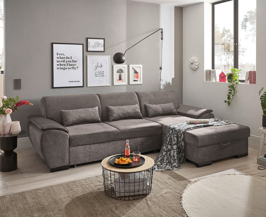 Tampa Ecksofa 280 x 175 cm, mit Schlaffunktion und Bettkasten Stone