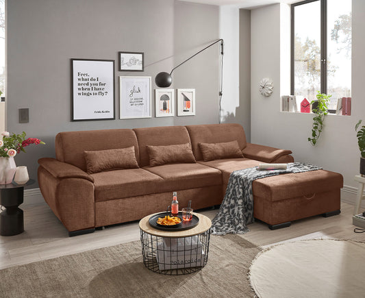 Tampa Ecksofa 280 x 175 cm, mit Schlaffunktion und Bettkasten Kupfer