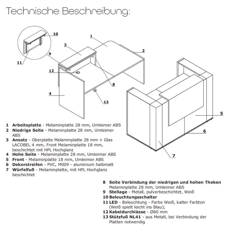 Tera Empfangstheke 6, Größe wählbar, Eckig Aluminium Satinato / Front wählbar