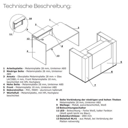 Tera Empfangstheke 5, Größe wählbar, Eckig Aluminium Satinato / Front wählbar