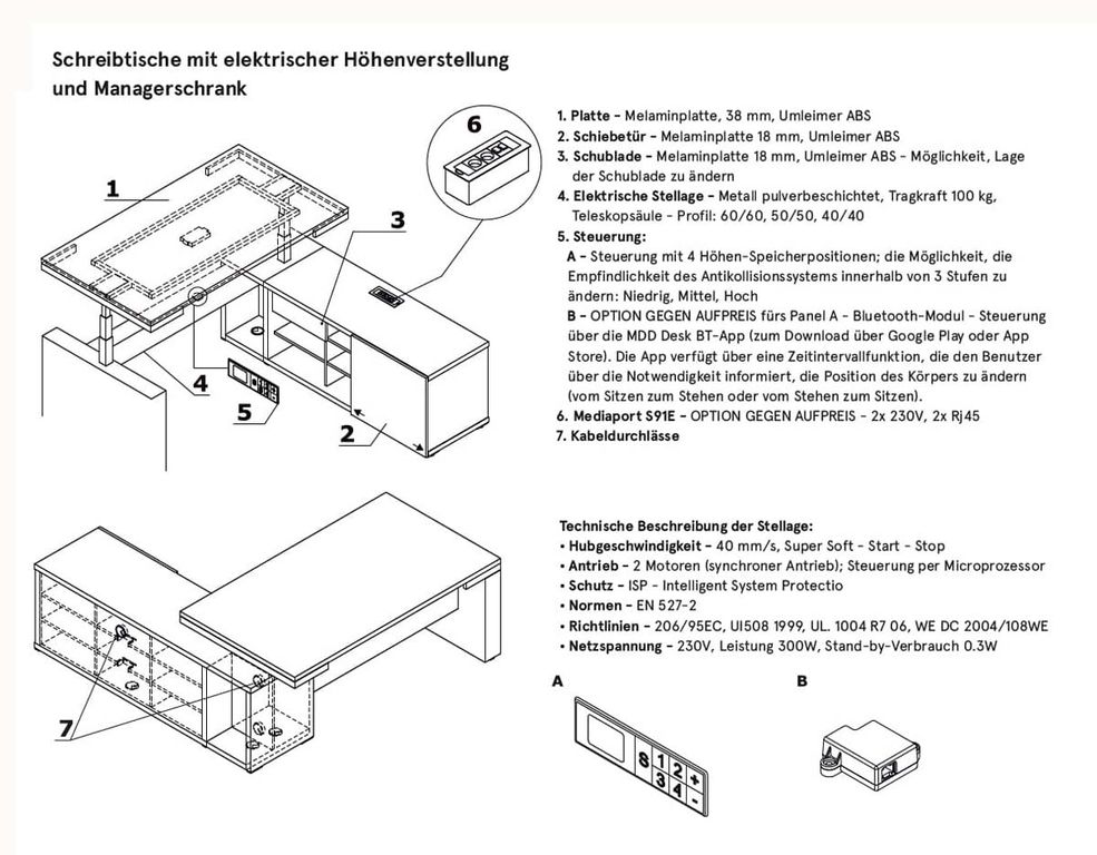 Mito 5 Chefschreibtisch, elektrisch höhenverstellbar mit Managerschrank, Größe wählbar, Bernstein Eiche Hochglanz