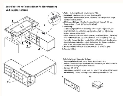 Mito Chefzimmer 4, elektrisch höhenverstellbar, Schreibtischgröße wählbar, Robinie / Weiß Hochglanz