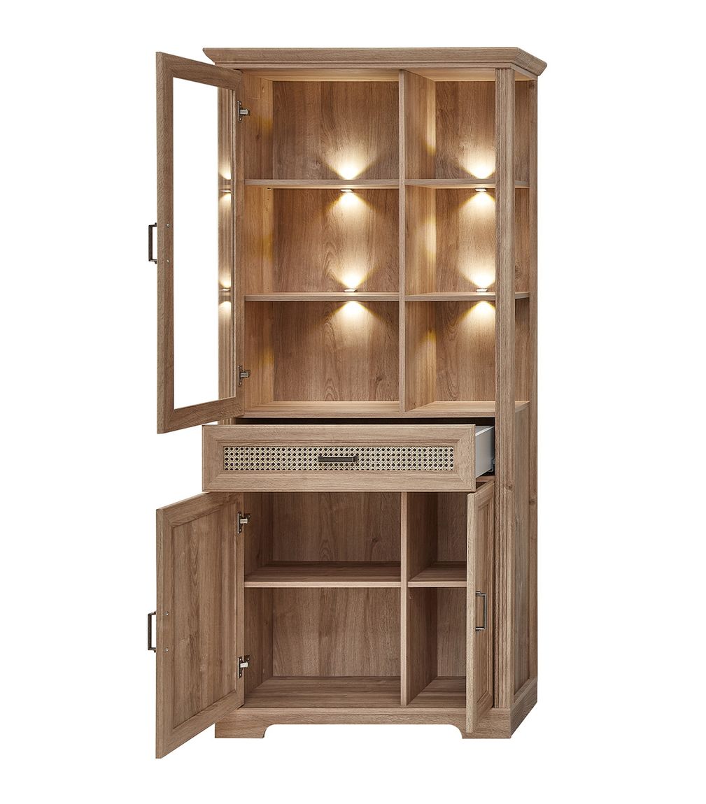 Vienna Vitrinenschrank 93 cm Breite inkl. LED-Beleuchtung Karlstad Eiche / Wiener Geflecht