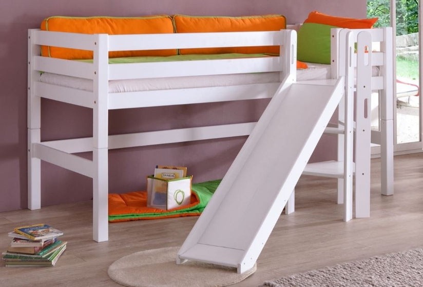 Hochbett ELIYAS Kinderbett mit Rutsche Spielbett Bett Weiß Stoffset Lila/Weiß - Froschkönig24