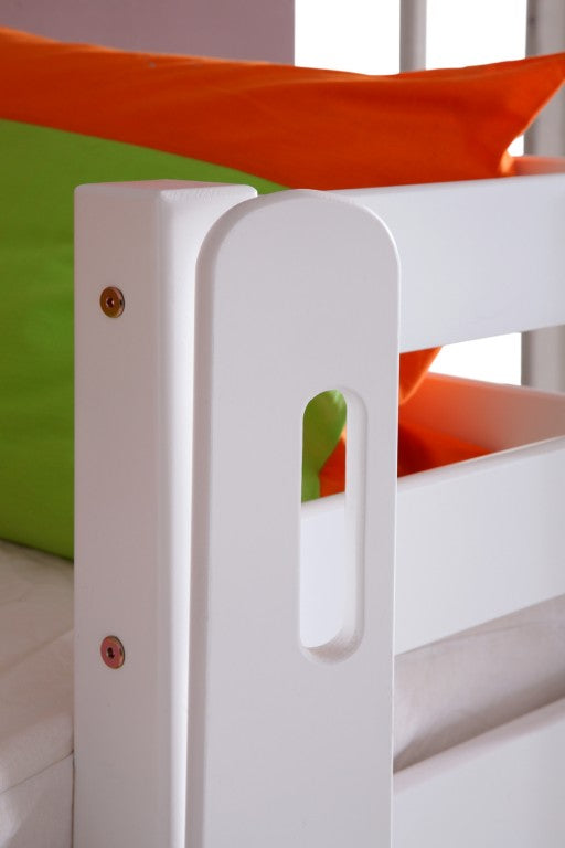 Hochbett ELIYAS Kinderbett mit Rutsche Spielbett Bett Weiß Stoffset Blau/Rot - Froschkönig24