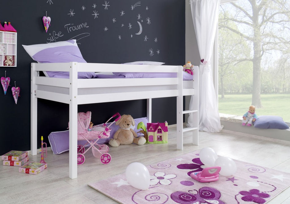 Hochbett ALEX Kinderbett Spielbett Bett Weiß Stoffset Prinzessin - Froschkönig24