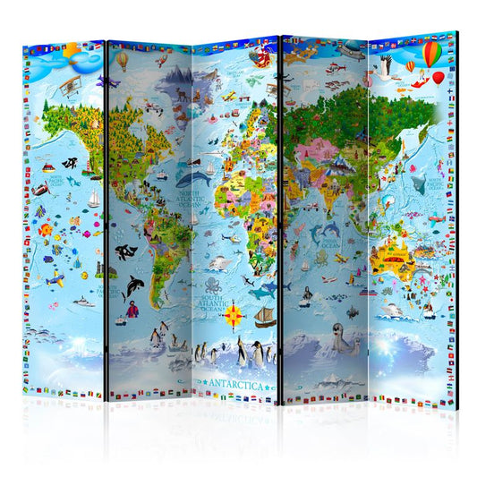 5-teiliges Paravent - World Map for Kids II [Room Dividers] 225x172 cm