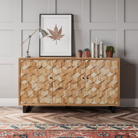 Avola Massivholz Sideboard 3D-Muster mit Metalgestell Akazie / Schwarz