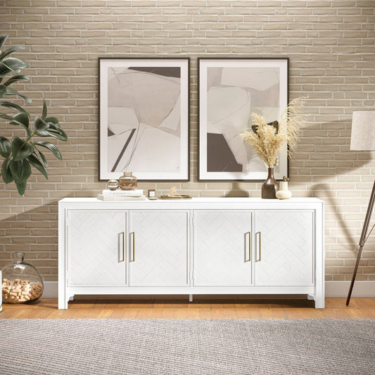 Avola Massivholz Sideboard 201 cm Fischgräten-Design Akazie Weiß