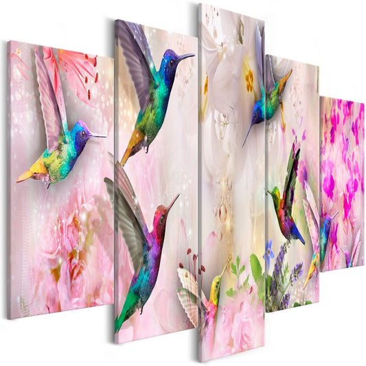 Wandbild - Colourful Hummingbirds (5 Parts) Wide Pink