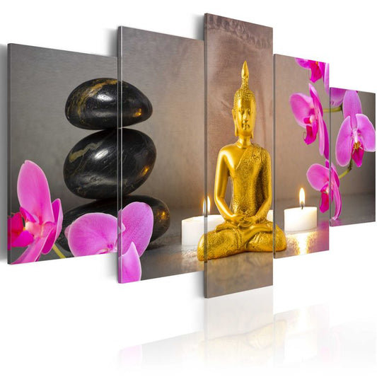 Wandbild - Golden Buddha and orchids