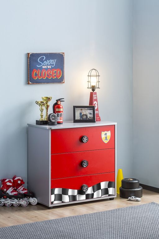 Cilek RACECUP Kommode Sideboard Anrichte Kinderkommode Rot / Grau - Froschkönig24