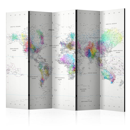 5-teiliges Paravent - Room divider - White-colorful world map 225x172 cm