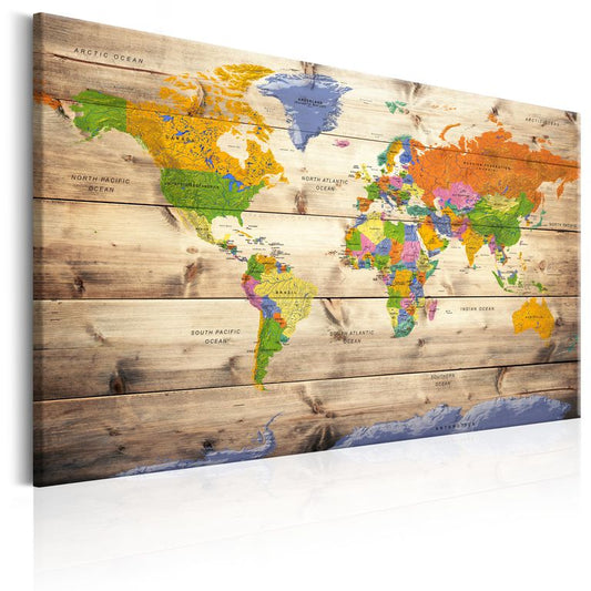 Wandbild - Map on wood: Colourful Travels