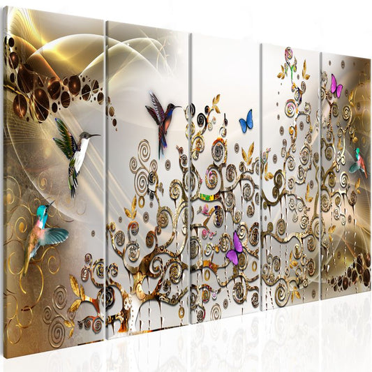 Wandbild - Hummingbirds Dance (5 Parts) Gold Narrow