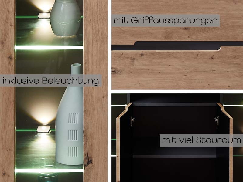 Memphis 3-teiliges Wohnzimmer Komplettset inkl. LED-Beleuchtung Graphit / Artisan Eiche