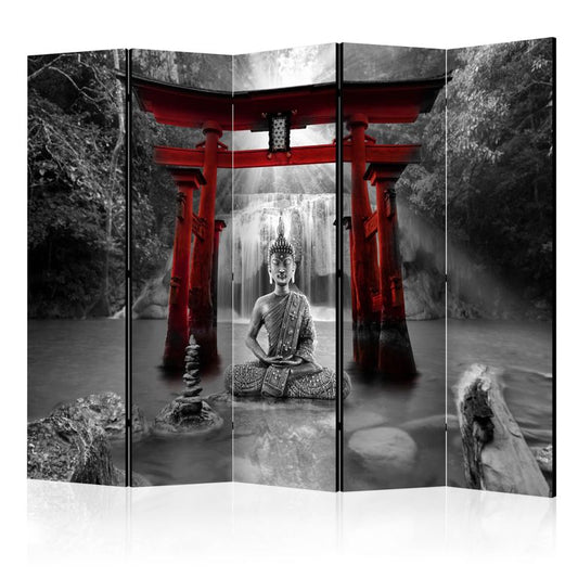 5-teiliges Paravent - Buddha Smile (Red) II [Room Dividers]